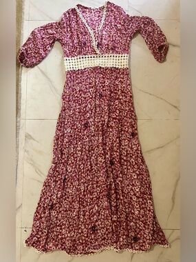 Poupette St. Barth Joan Floral Red Maxi Dress M Boho Romantic Crochet Waist Puff